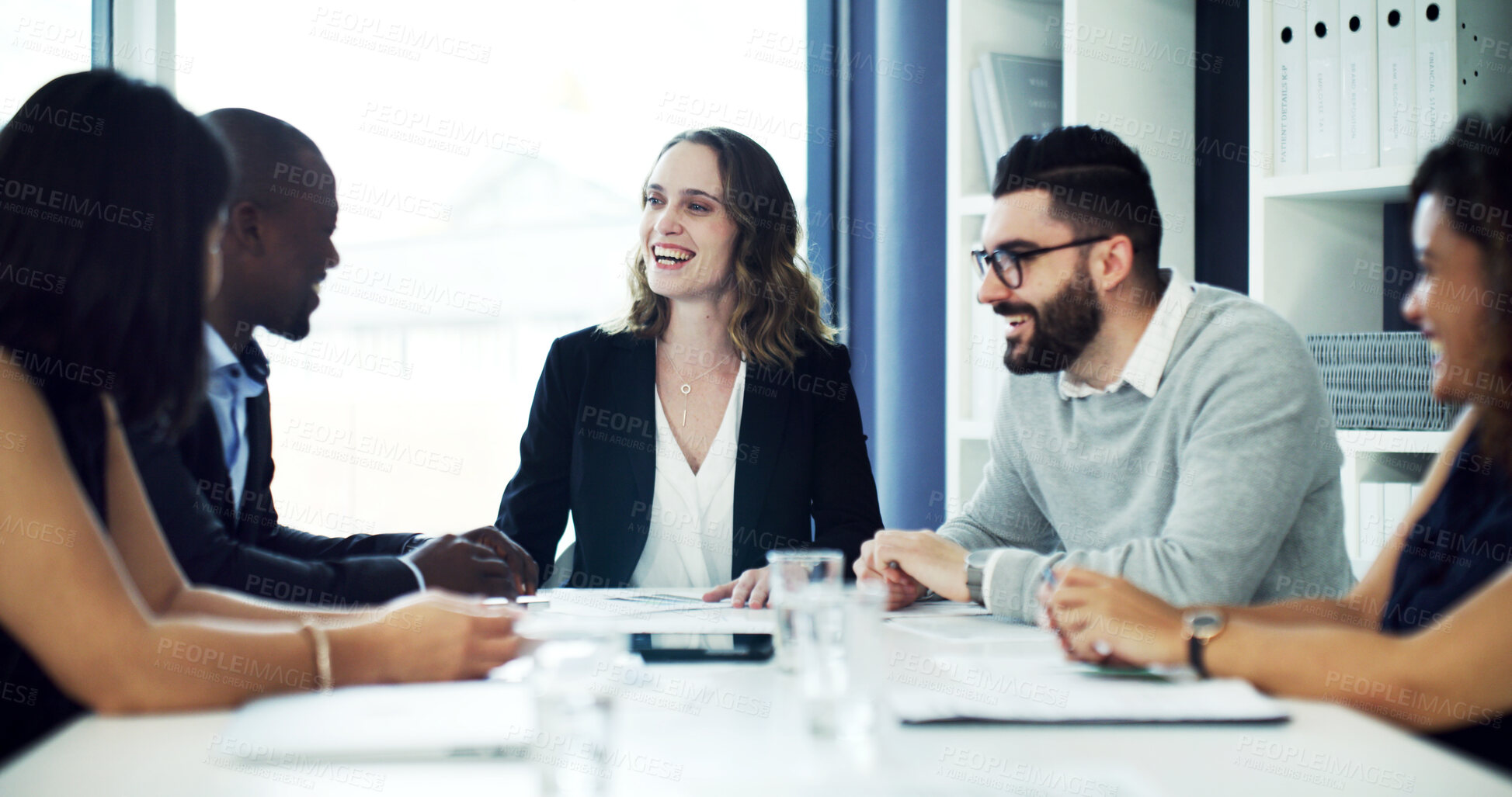 Buy stock photo Meeting, planning and business people in office for finance review, investment proposal and feedback. Corporate, team and workers in discussion for financial report, budget and strategy for growth