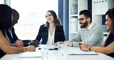 Buy stock photo Meeting, discussion and business people in office for finance review, investment proposal and feedback. Corporate, team and workers in boardroom for financial report, budget and strategy for growth