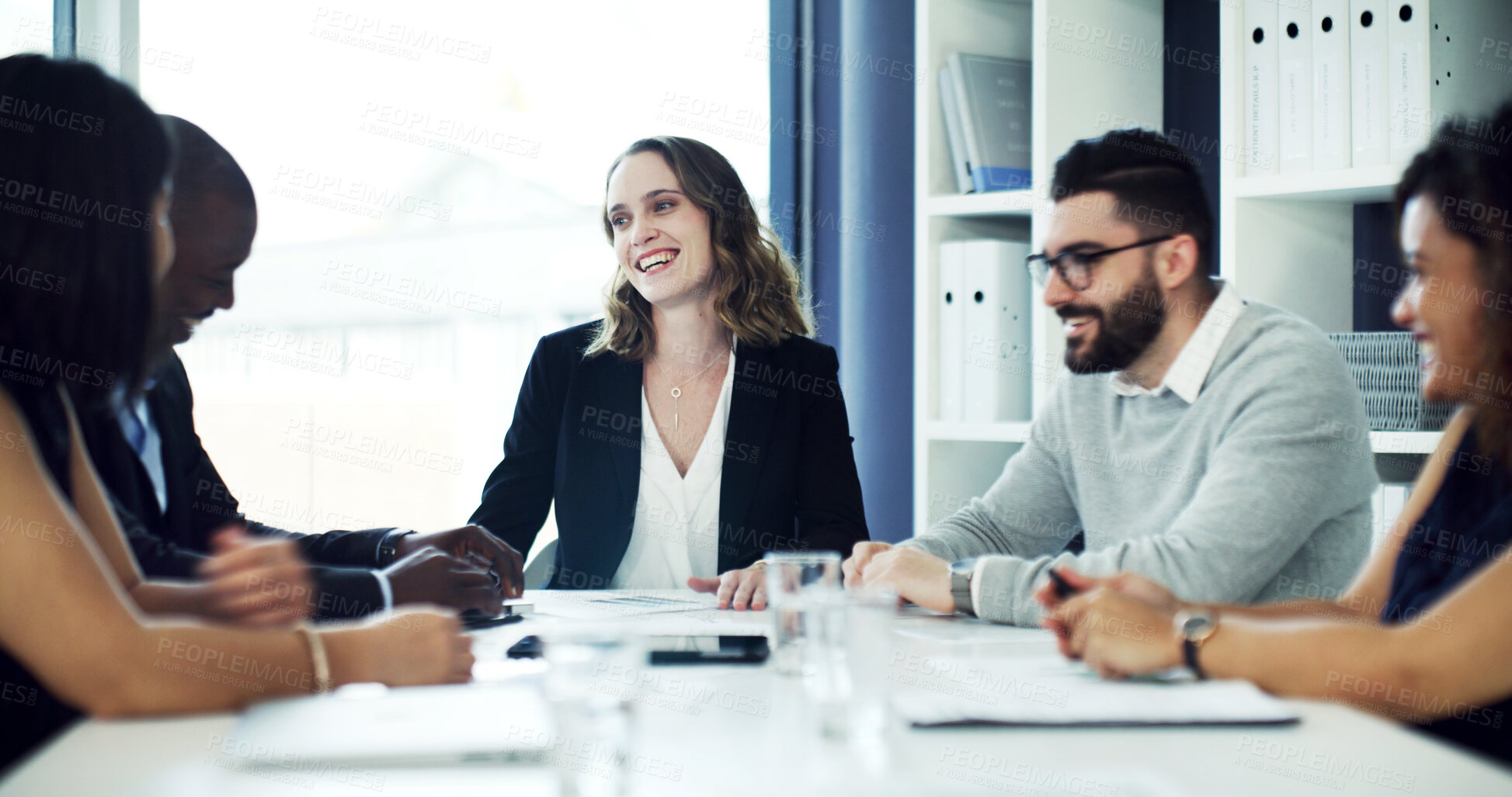 Buy stock photo Meeting, discussion and business people in office for finance review, investment proposal and feedback. Corporate, team and workers in boardroom for financial report, budget and strategy for growth