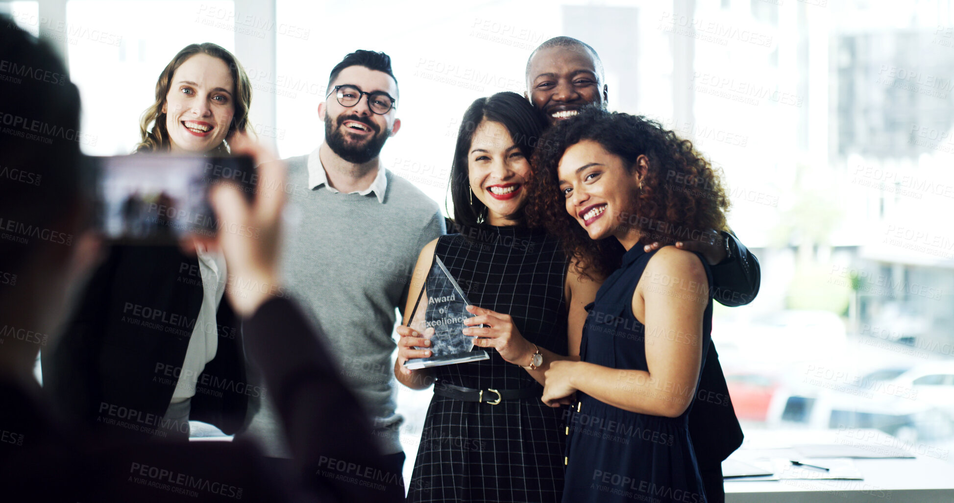 Buy stock photo Woman, team and photo with award at office for goals, achievement and support at legal advisory agency. People, group and profile picture with celebration, trophy and diversity at corporate law firm