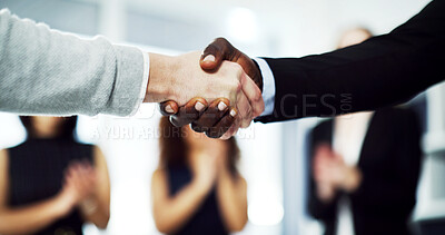 Buy stock photo Corporate, lawyers and hands of business people with handshake for agreement, merger and partnership. Happy, team and workers with applause with clients for b2b deal, legal compliance and thank you