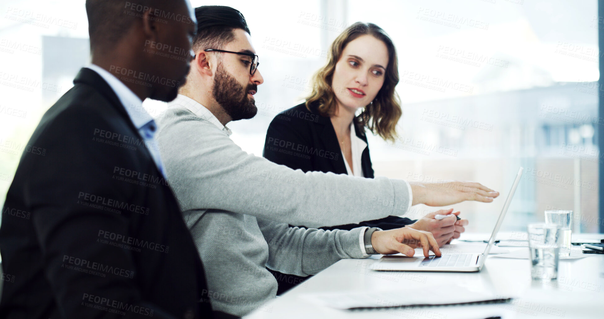 Buy stock photo Meeting, planning and business people on laptop for finance review, investment proposal and feedback. Corporate, team and workers in discussion for financial report, budget and research on computer