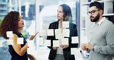 Buy stock photo Woman, group and planning with board at office with discussion, notes and insight for solution. People, legal consultant and team with glass wall, feedback and problem solving at corporate law firm