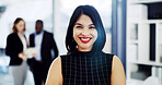 Woman, portrait and happy in office with confidence, pride and career at legal consulting company. Person, advocate or attorney with smile, job and agent for advisory services at corporate law firm