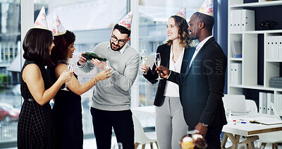 Buy stock photo Businessman, team and champagne with celebration with goals, diversity and success at office. People, group and happy with sparkling wine, glasses and party for achievement at corporate law firm