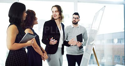 Buy stock photo Woman, team and planning with whiteboard at office with advocate, questions and insight for solution. People, legal consultant and group with talk, feedback or problem solving at corporate law firm