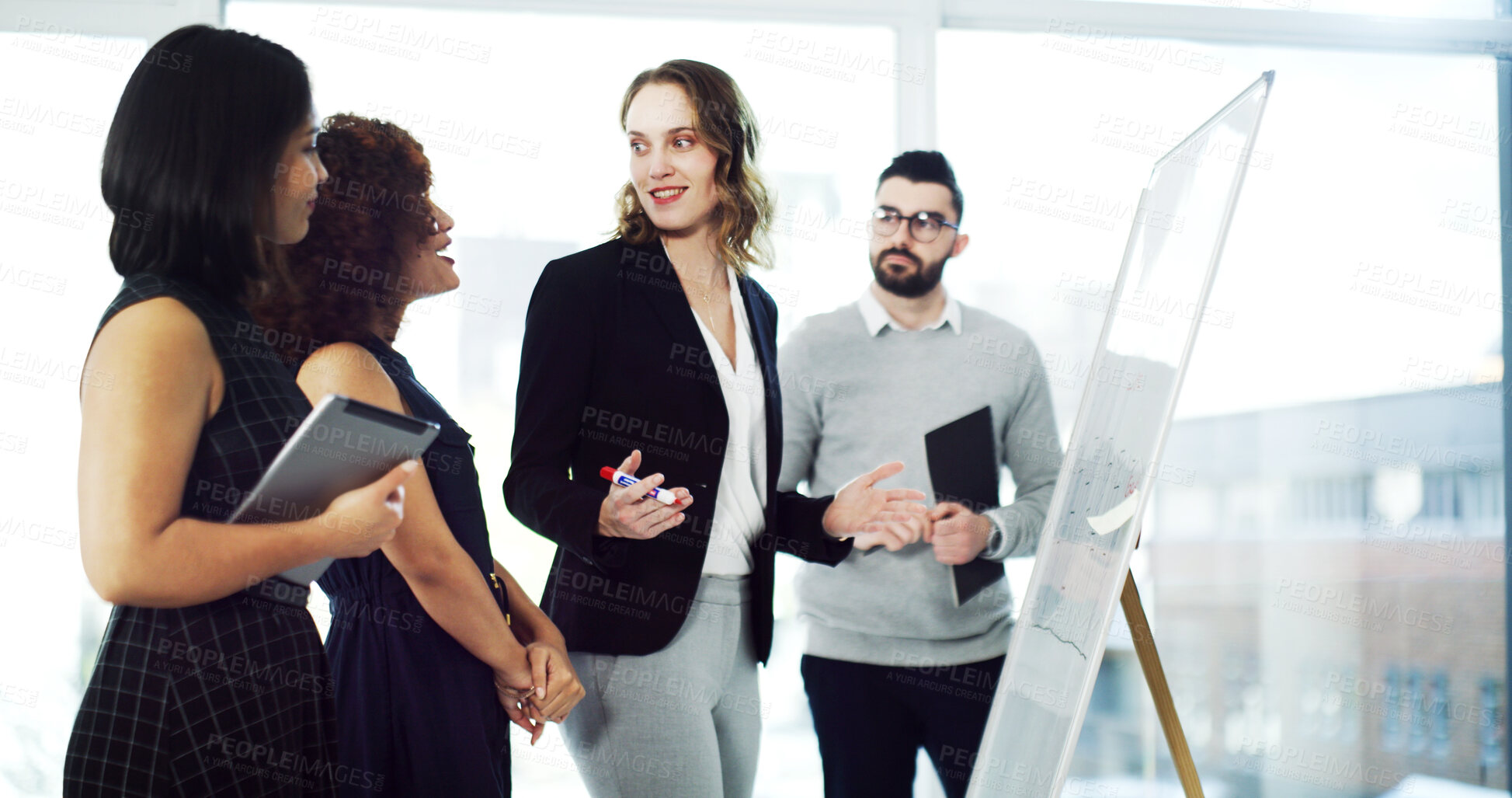 Buy stock photo Woman, team and planning with whiteboard at office with advocate, questions and insight for solution. People, legal consultant and group with talk, feedback or problem solving at corporate law firm