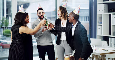 Buy stock photo Businessman, team and champagne with toast with motivation, diversity or celebration at office. People, group and happy with sparkling wine, excited and success with achievement at corporate law firm