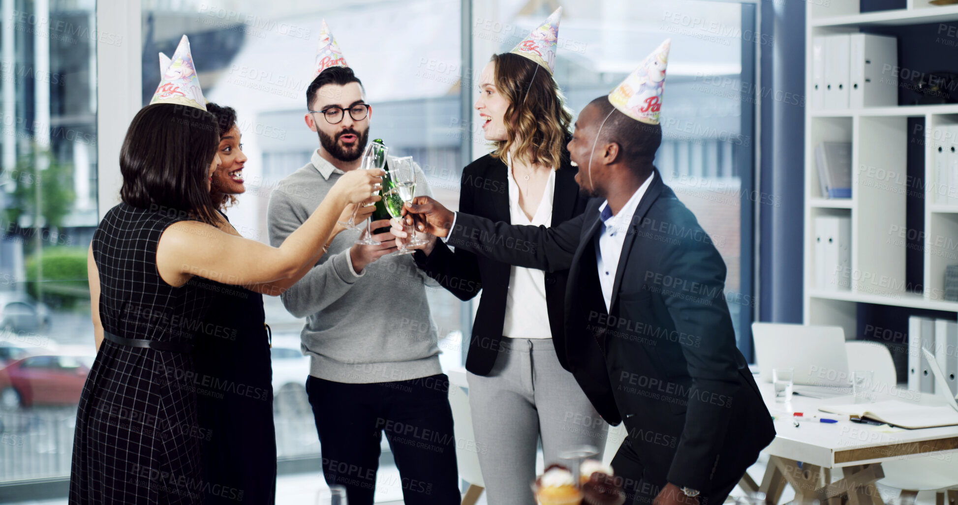 Buy stock photo Businessman, team and champagne with toast with motivation, diversity or celebration at office. People, group and happy with sparkling wine, excited and success with achievement at corporate law firm