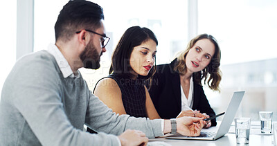 Buy stock photo Meeting, team and business people on laptop for finance review, investment proposal and feedback. Corporate, boardroom and workers in discussion for financial report, budget and research on computer