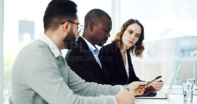 Buy stock photo Meeting, laptop and business people in boardroom for finance review, investment proposal and feedback. Corporate, team and workers in discussion for financial report, budget and strategy for growth