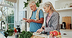 Kitchen, smoothie or senior couple with blender, ingredients  preparation or detox drink for wellness. Bonding, healthy food or elderly people with diet juice for nutrition, home or breakfast shake