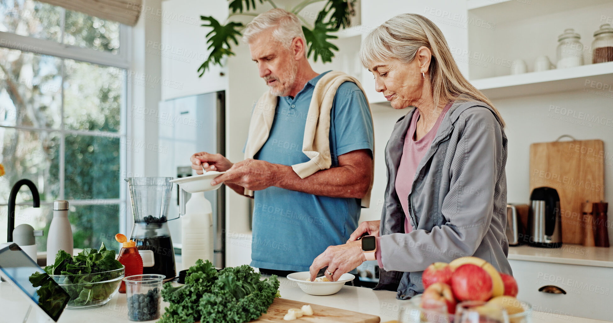 Buy stock photo Kitchen, smoothie or senior couple with blender, ingredients  preparation or detox drink for wellness. Bonding, healthy food or elderly people with diet juice for nutrition, home or breakfast shake