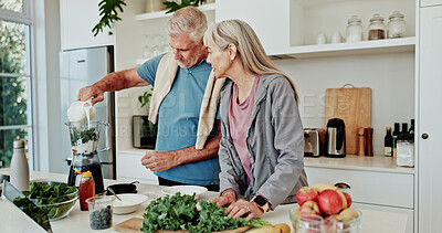 Buy stock photo Kitchen, pour or senior couple with blender for smoothie, prepare ingredients or detox drink for health. Liquid, helping or old people with diet juice for nutrition, home or breakfast shake recipe