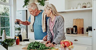Buy stock photo Kitchen, smile or senior couple with blender for smoothie, add ingredient or detox drink for health. Organic fruit, helping or old people with diet juice for nutrition, home or breakfast shake recipe