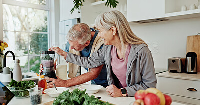 Buy stock photo Kitchen, smile or old couple with blender for smoothie, prepare ingredients or detox drink for health. Bonding, helping or senior people with diet juice for nutrition, home or breakfast shake recipe