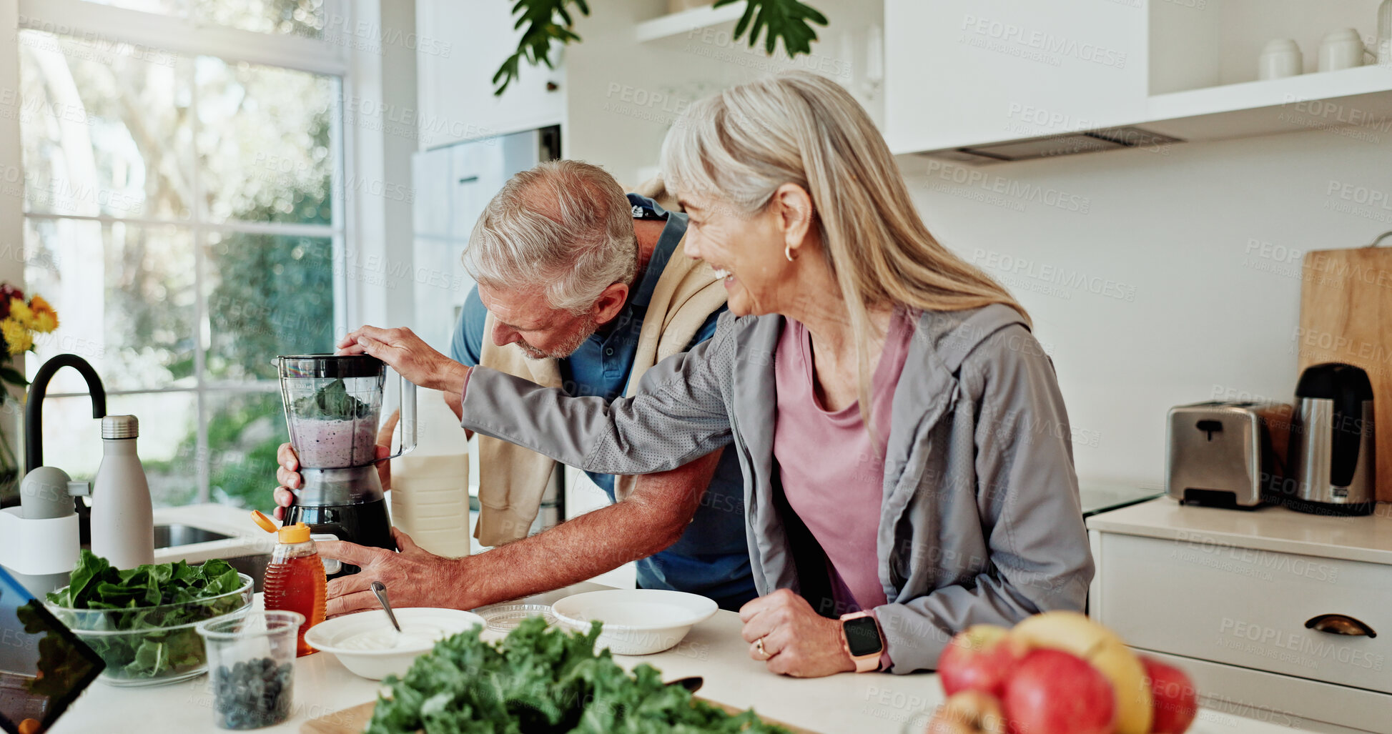 Buy stock photo Kitchen, smile or old couple with blender for smoothie, prepare ingredients or detox drink for health. Bonding, helping or senior people with diet juice for nutrition, home or breakfast shake recipe