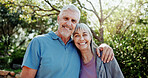 Portrait, hug and old couple in backyard, fitness for health benefits and support for workout. Outdoor, mature man and woman in garden, motivation and exercise for wellness, relationship and smile