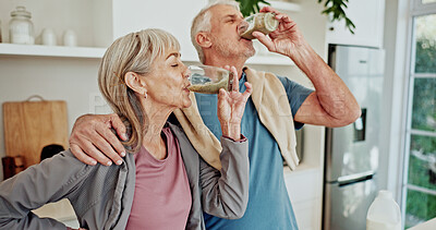 Buy stock photo Fitness, drinking smoothie and old couple in kitchen for nutrition, breakfast and diet plan. Exercise, senior man and woman in home, health and protein shake for wellness, body detox and supplements
