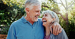 Hug, smile and old couple in backyard, fitness for health benefits and retirement. Outdoor, senior man and woman with embrace, training or workout for wellness, laughing and happy for exercise goals