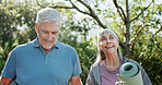 Smile, nature and old couple in backyard, fitness for health benefits and retirement hobby. Outdoor, senior man and happy woman with yoga mat, exercise and bonding together for relationship and relax