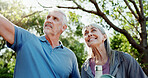 Smile, fitness and old couple in garden, discussion and bonding together for support, love and nature. Outdoor, mature man and woman in backyard for exercise, conversation and hobby for retirement