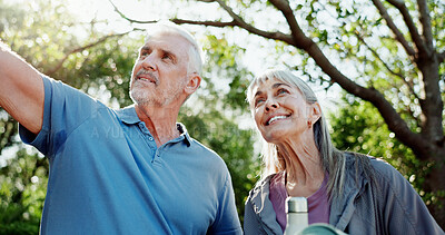 Buy stock photo Smile, fitness and old couple in garden, discussion and bonding together for support, love and nature. Outdoor, senior man and woman in backyard for exercise, conversation and hobby for retirement