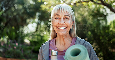 Buy stock photo Portrait, fitness and old woman in garden, yoga mat and exercise for health benefits. Outdoor, pensioner and senior person in backyard, prepare for pilates and water bottle for nutrition and smile