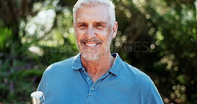 Buy stock photo Outdoor, smile and portrait of old man with bottle, positive attitude and fresh air for retirement health. Happy, relaxing and senior person with water for wellness, bokeh and morning peace in nature