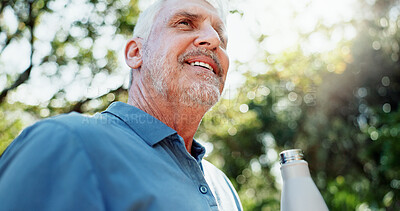 Buy stock photo Fitness, bottle and old man in garden, thinking and workout for health benefits, nature and low angle, Smile, reflection and elderly person in backyard, hydration and thirsty for liquid and exercise
