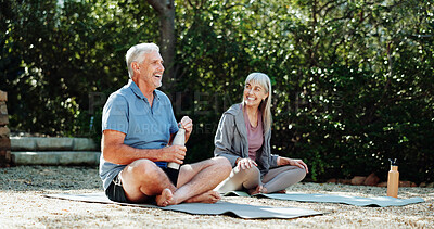 Buy stock photo Yoga, conversation and old couple in garden, fitness and meditation for health benefits, funny and relax. Outdoor, joke and senior man with happy woman, exercise for wellness and laughing for humor