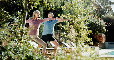 Buy stock photo Stretching, yoga and old couple in garden, nature and exercise for health benefits. Outdoor, senior man and woman in backyard, warrior pose or people with wellness, retirement or bonding together