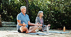 Yoga, fitness and old couple in garden, meditation and exercise for health benefits, zen and chakra. Nature, senior man and woman in backyard, relationship and lotus pose for breathing and retirement