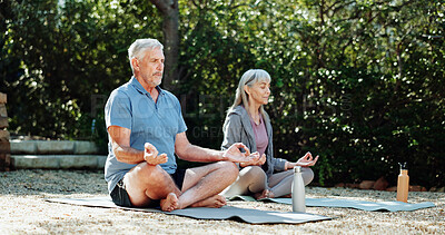 Buy stock photo Yoga, fitness and old couple in garden, meditation and exercise for health benefits, zen and chakra. Nature, senior man and woman in backyard, relationship and lotus pose for breathing and retirement