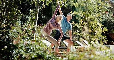 Buy stock photo Yoga, stretching and senior couple in backyard, holistic exercise and morning routine for body wellness. Active, pilates and elderly people with warrior pose in garden, balance and retirement health
