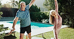 Yoga, stretching and senior couple in garden, holistic exercise and morning routine for body wellness. Active, pilates and elderly people with warrior pose in backyard, balance and retirement fitness