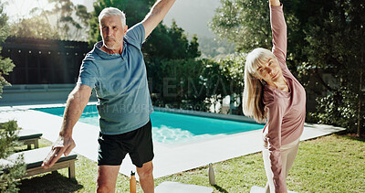 Buy stock photo Yoga, stretching and senior couple in garden, holistic exercise and morning routine for body wellness. Active, chakra and elderly people with warrior pose in backyard, balance and retirement fitness