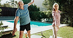 Yoga, stretching or old couple in garden for fitness, holistic exercise or morning routine for wellness, Active, pilates or senior people with warrior pose in backyard, balance or retirement health