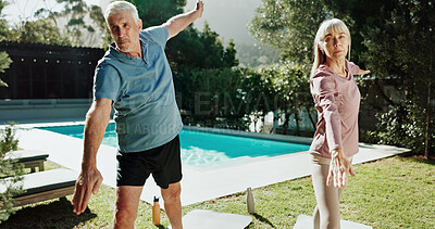 Buy stock photo Yoga, stretching or old couple in garden for fitness, holistic exercise or morning routine for wellness, Active, chakra or senior people with warrior pose in backyard, balance or retirement health