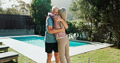 Buy stock photo Fitness, smile or old couple in backyard with hug, partnership or cardio support in outdoor activity. Team, happy or people at home with embrace, collaboration or bonding together in retirement hobby