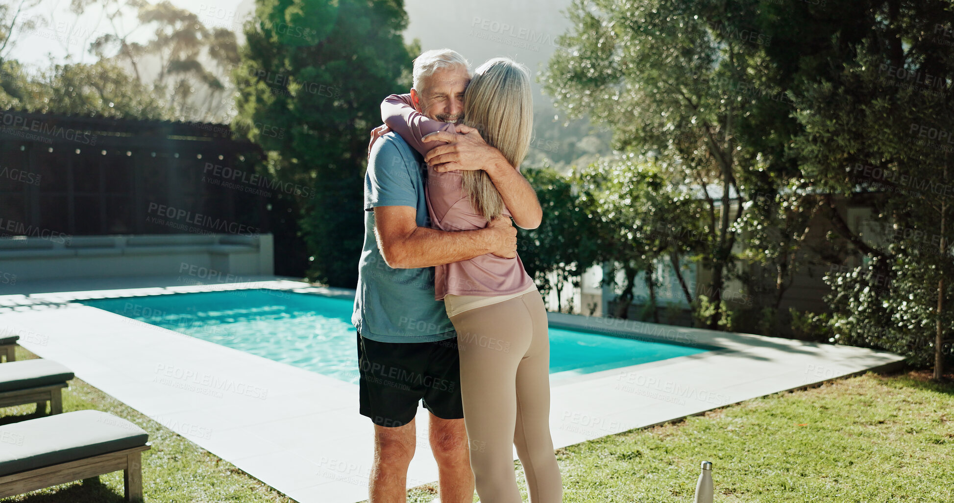 Buy stock photo Fitness, smile or old couple in backyard with hug, partnership or cardio support in outdoor activity. Team, happy or people at home with embrace, collaboration or bonding together in retirement hobby