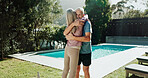 Fitness, hug and old couple in garden, love and bonding together for relationship, support and nature. Outdoor, mature man and woman in backyard, happiness or exercise for wellness, embrace and care