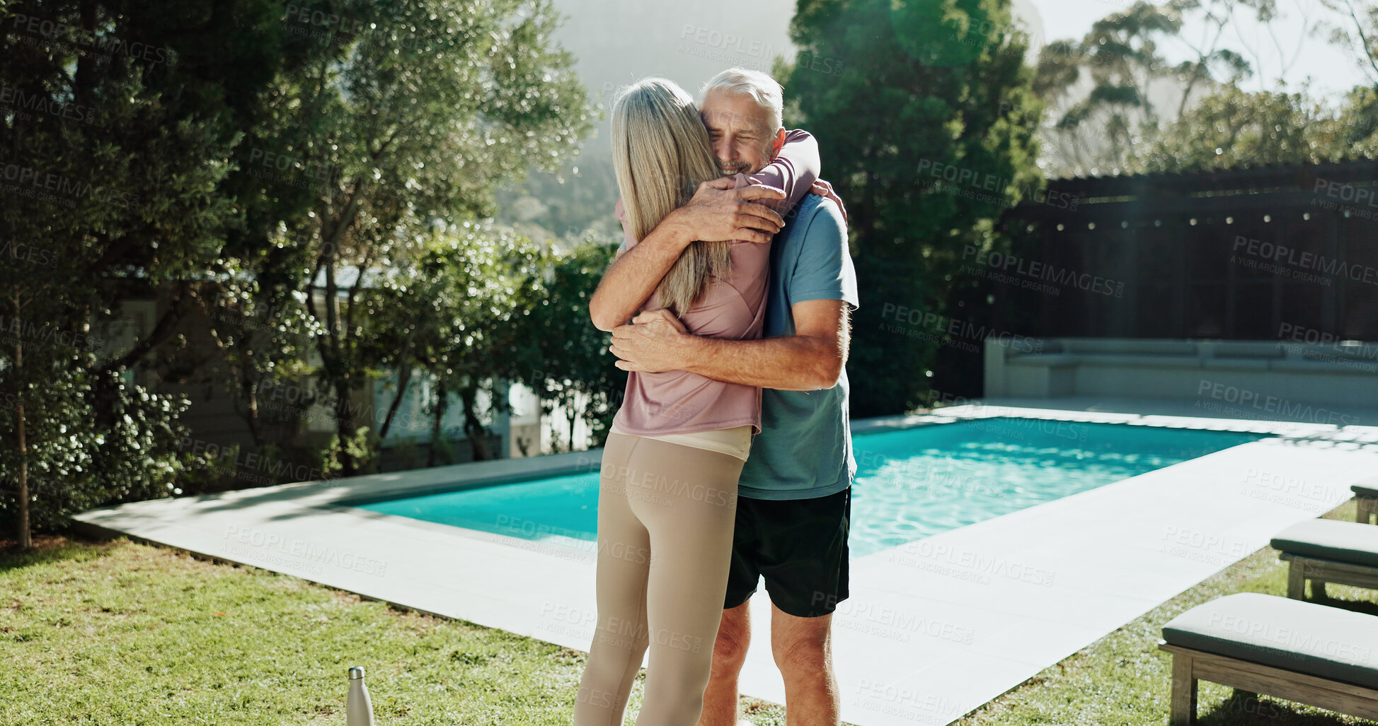 Buy stock photo Fitness, hug and old couple in garden, love and bonding together for relationship, support and nature. Outdoor, senior man and woman in backyard, happiness or exercise for wellness, embrace and care