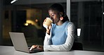 Night, creative agency and black woman with coffee, laptop for news report or online website review. Evening, person or journalist in office, espresso or computer for research or deadline for article