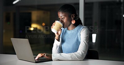 Buy stock photo Night, creative agency and black woman with coffee, laptop for news report or online website review. Evening, person or journalist in office, espresso or computer for research or deadline for article