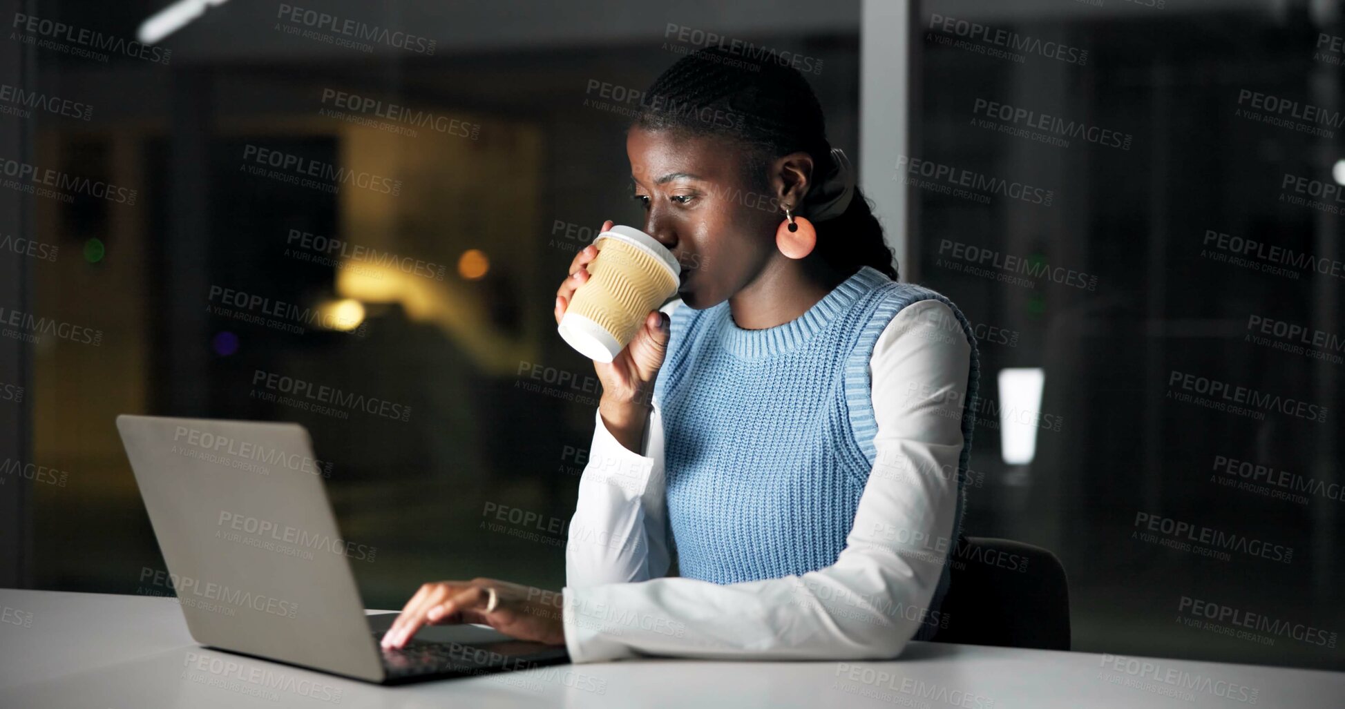 Buy stock photo Night, creative agency and black woman with coffee, laptop for news report or online website review. Evening, person or journalist in office, espresso or computer for research or deadline for article