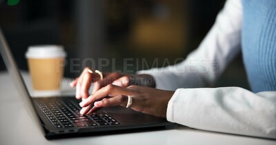 Buy stock photo Hands, laptop and typing with business woman in office at night for online planning or research. Computer, email and keyboard with employee at desk in dark workplace for administration or report