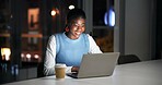 Night, creative agency and black woman with smile, laptop for column research and email for publication. Happy person, late and journalist in office, copywriting and positive review for news report