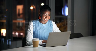 Buy stock photo Night, creative agency and black woman with smile, laptop for column research and email for publication. Happy person, late and journalist in office, copywriting and positive review for news report