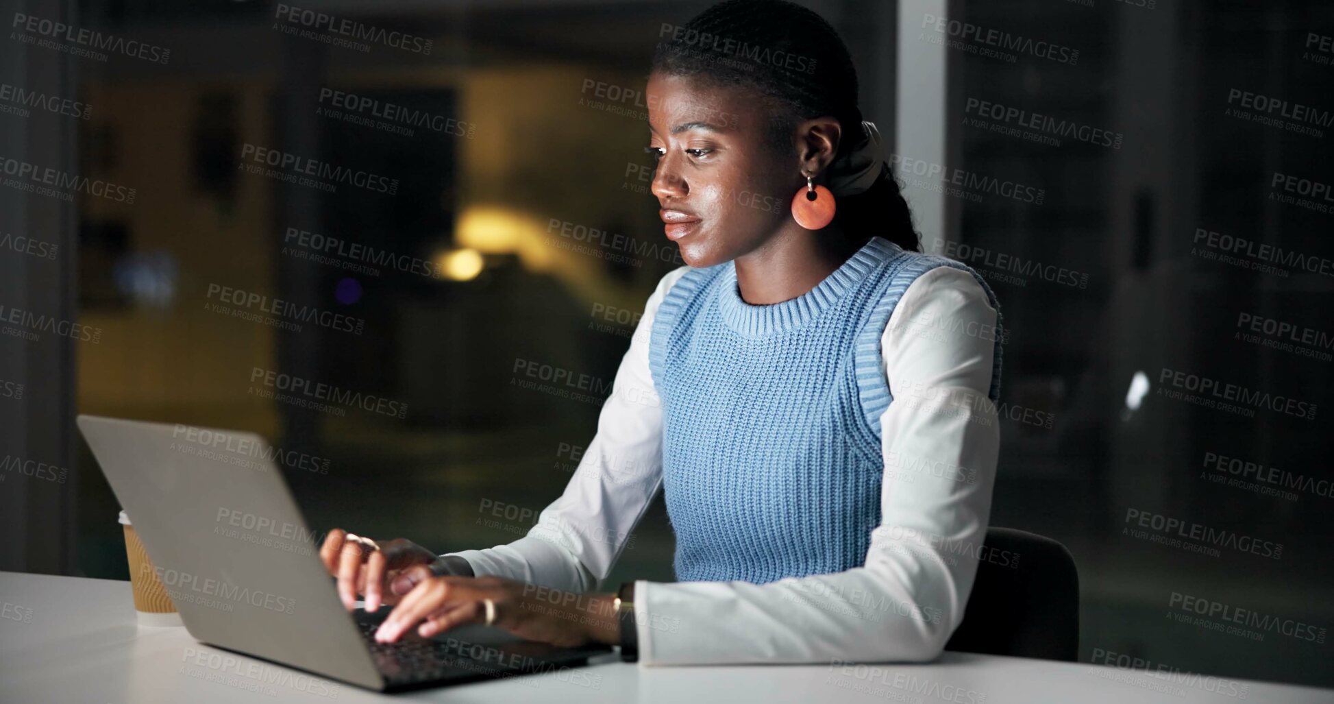 Buy stock photo Night, creative agency and black woman in office, laptop for column research and email for submission. African person, evening and journalist in workplace, copywriting and pc for news report editing